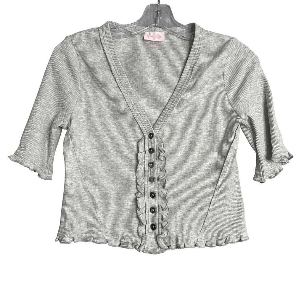 Pink Lily Waffle Knit Ruffle Cardigan Womens M Grey Short Sleeve Fitted Preppy
